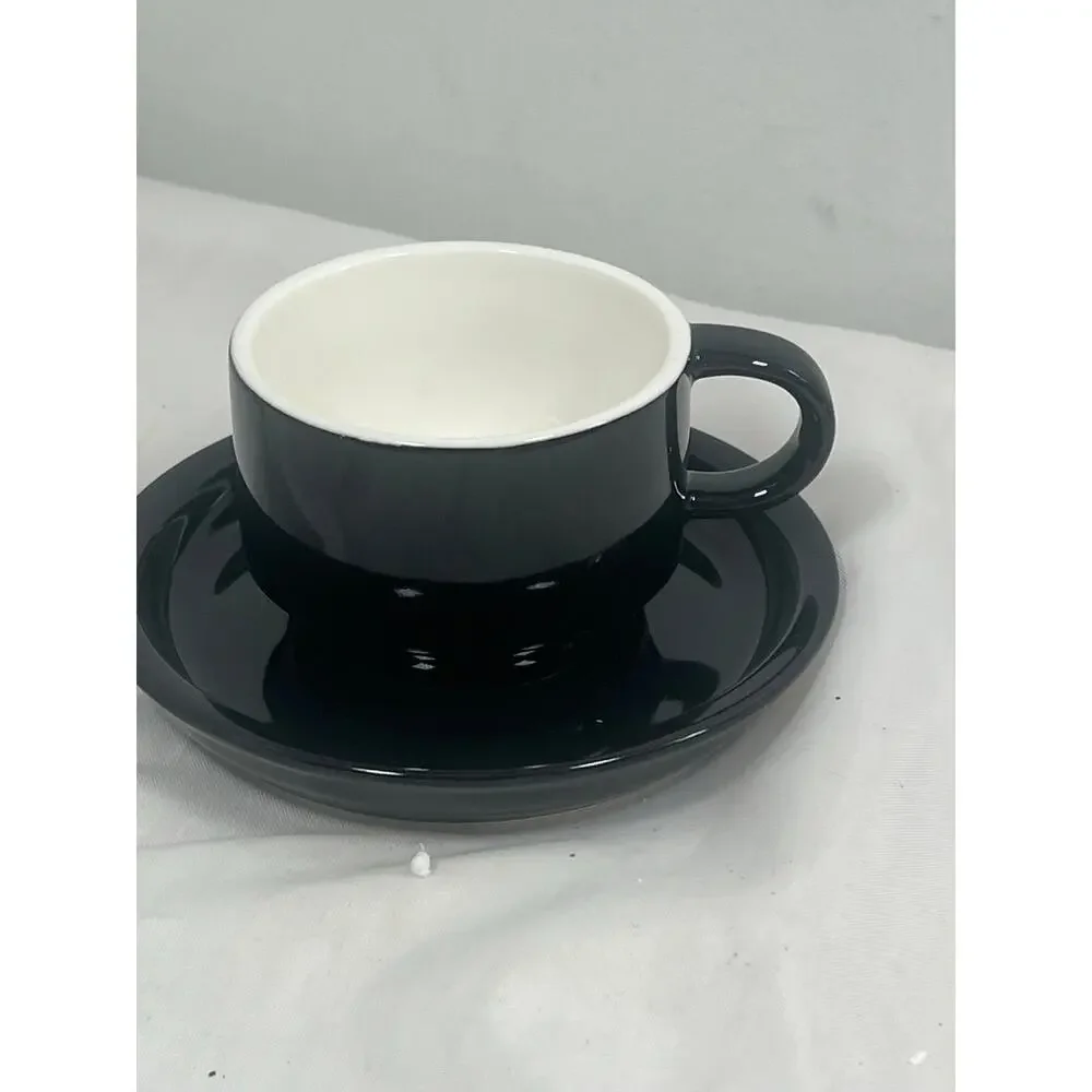 SweeJar 4 oz Espresso Cup & Saucer Set Stackable Porcelain Metal Stand Black